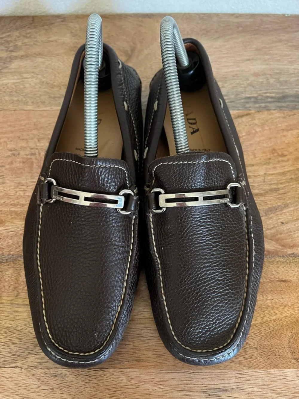 Prada Brown Pebbled  Leather Loafers Size 7.5 - Picture 4 of 12
